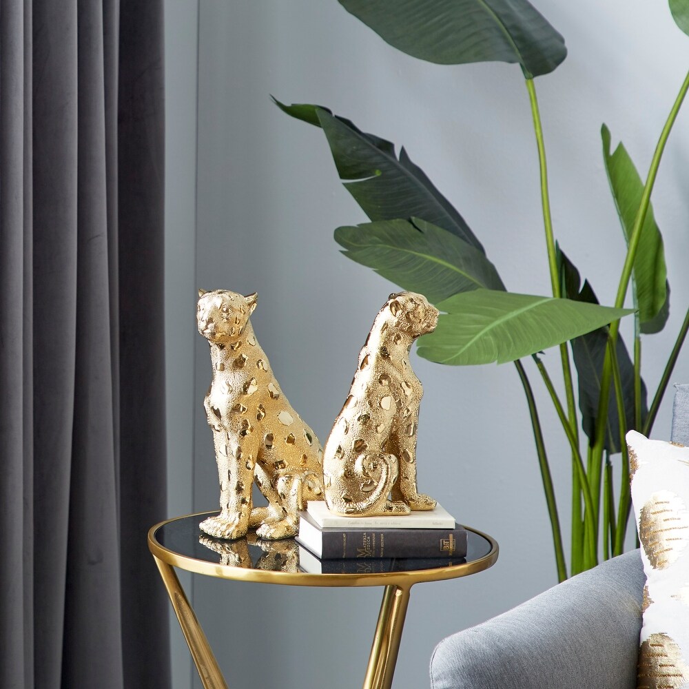 Gold Resin Leopard Sculpture (Set of 2)   4 x 8 x 12 and 4 x 6 x 10