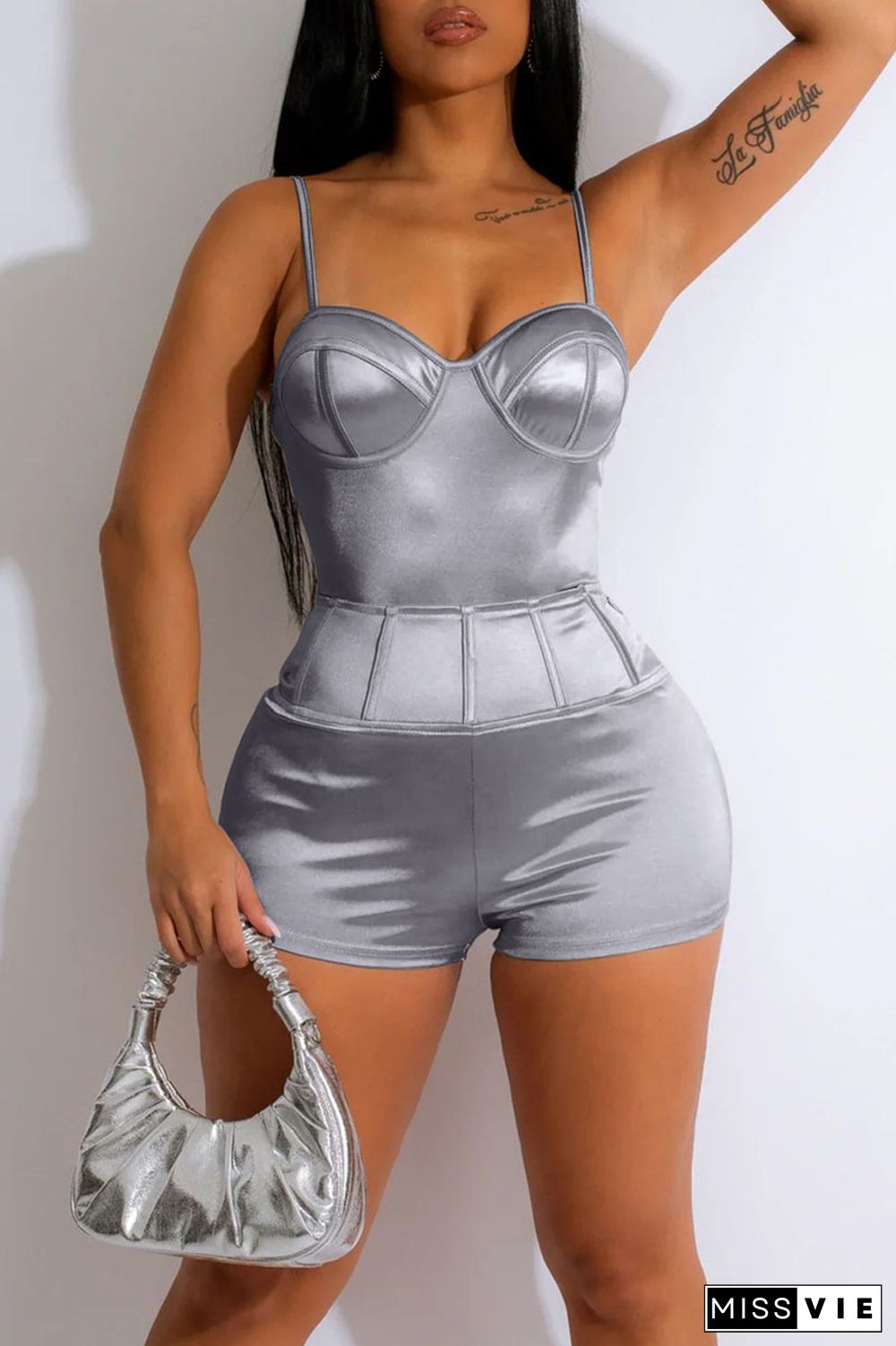 Silver Sexy Solid Patchwork Spaghetti Strap Skinny Rompers