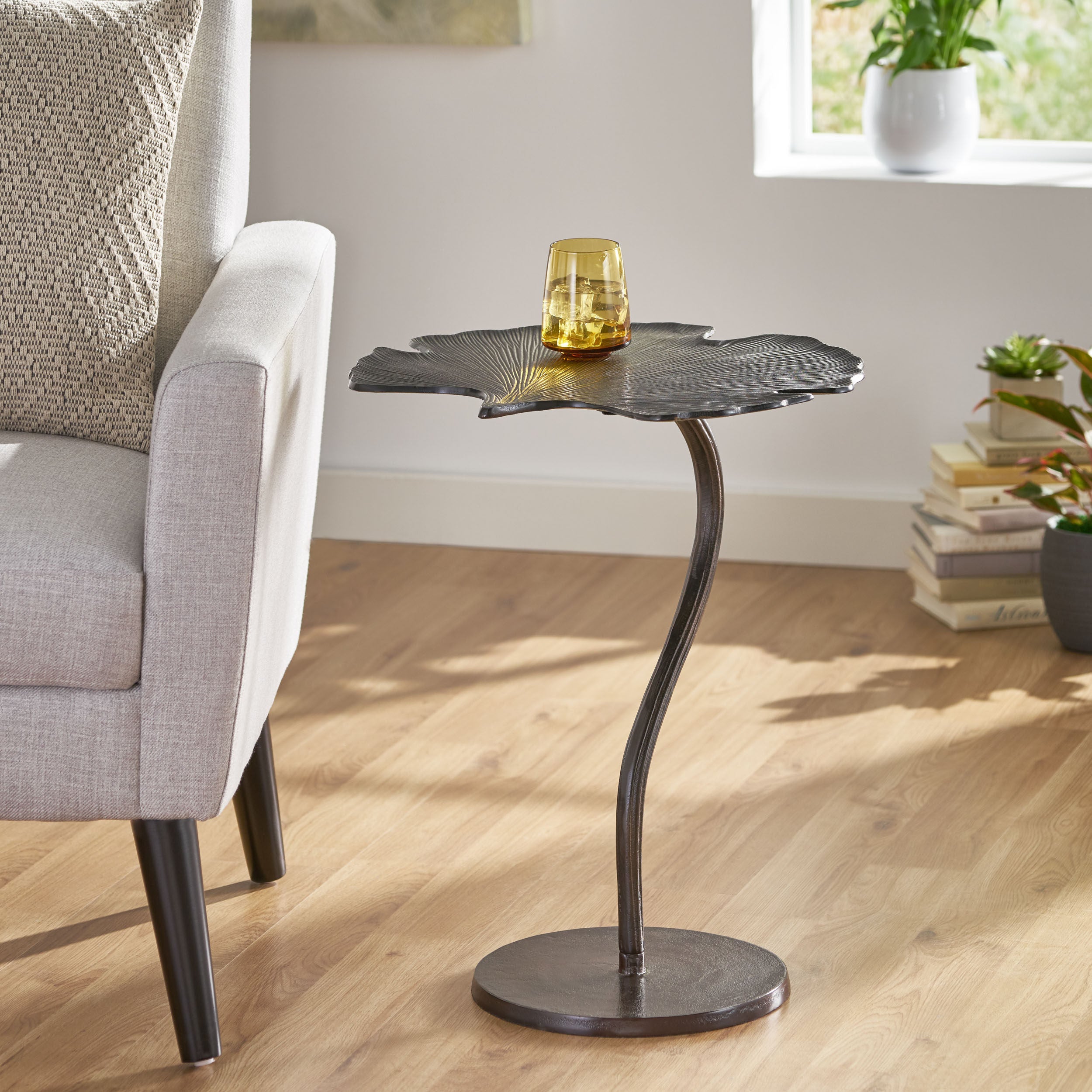 Bexley Modern Handcrafted Aluminum Frond Leaf Side Table, Raw Bronze