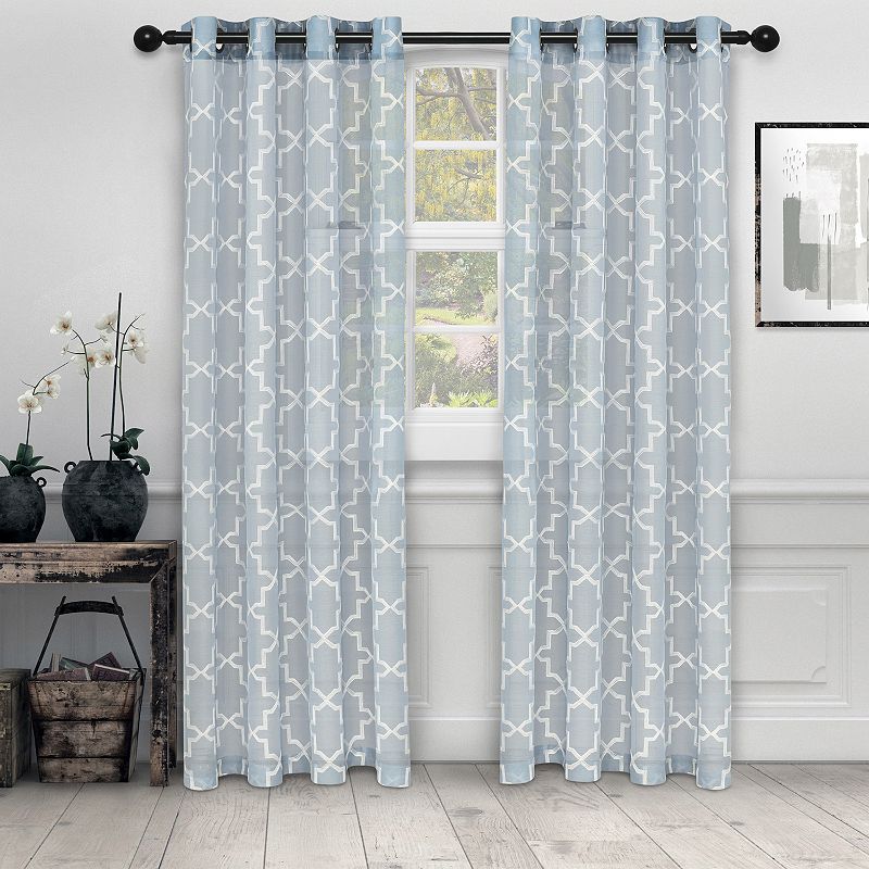 Superior Set of 2 Embroidered Semi-Sheer Quatrefoil Window Curtain Panels