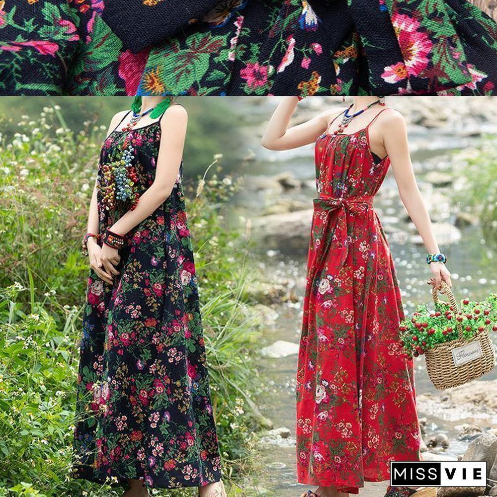 DIY sleeveless tie waist cotton clothes Photography black print A Line Dresses summer