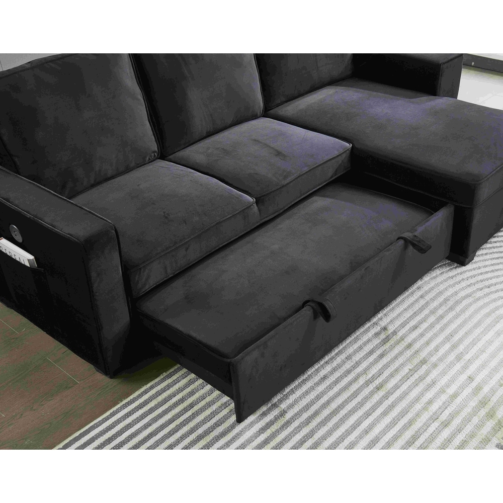 Velvet Sectional Sofa Reversible Chaise with Pull out Sleeper