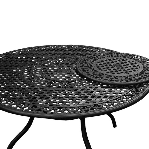 Modern Ornate Outdoor Mesh Aluminum 59in Large Round Patio Dining Set with Lazy Susan and Six Chairs