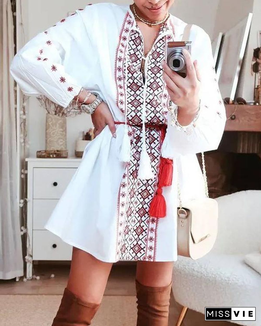 Ethnic Print Lace Up Shirt Dress