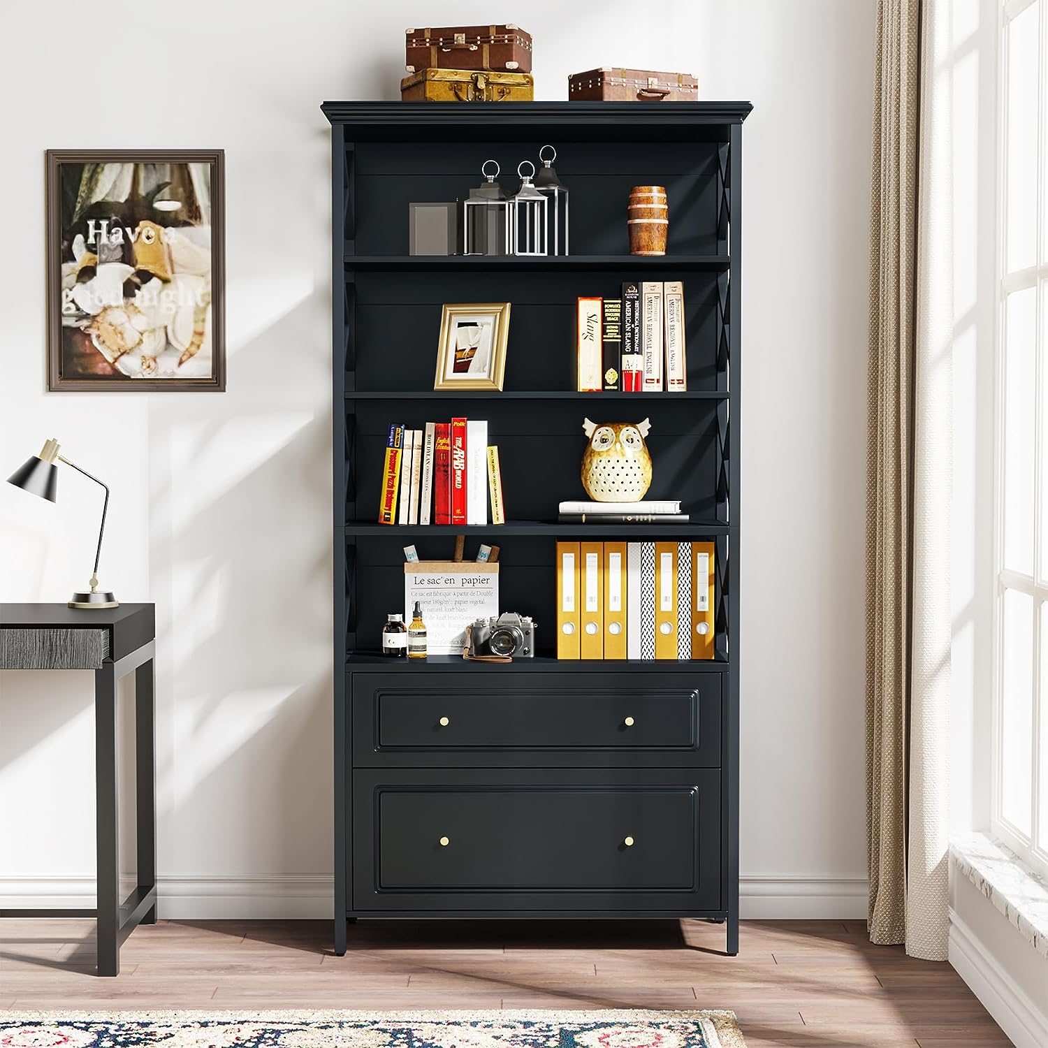 5-Tier Bookshelf, Industrial Bookcase Display Shelf with 2 Drawers