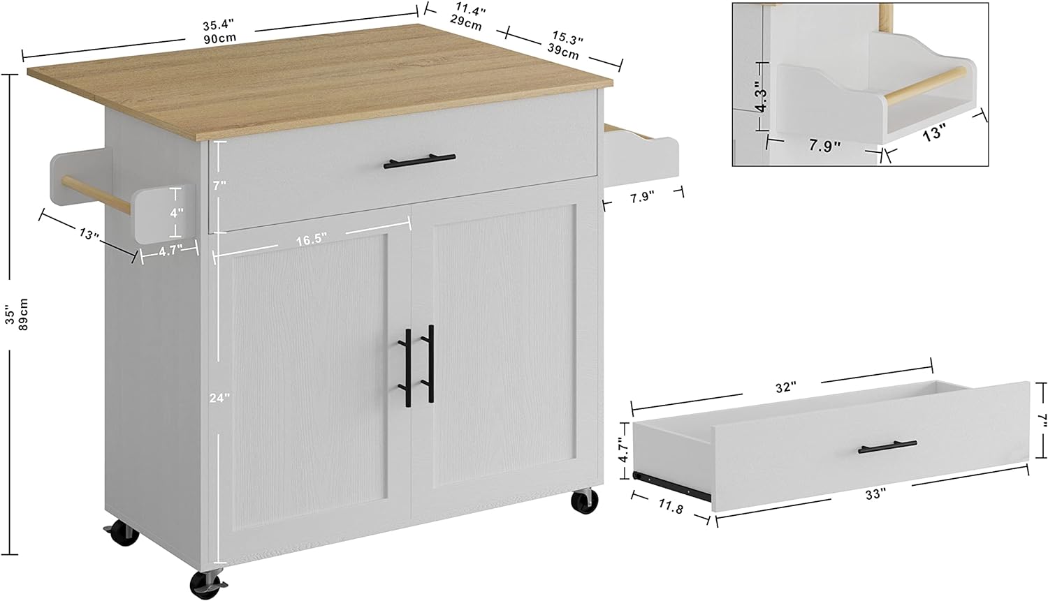 Rolling Kitchen Island Table on Wheels with Drop Leaf and Towel Rack