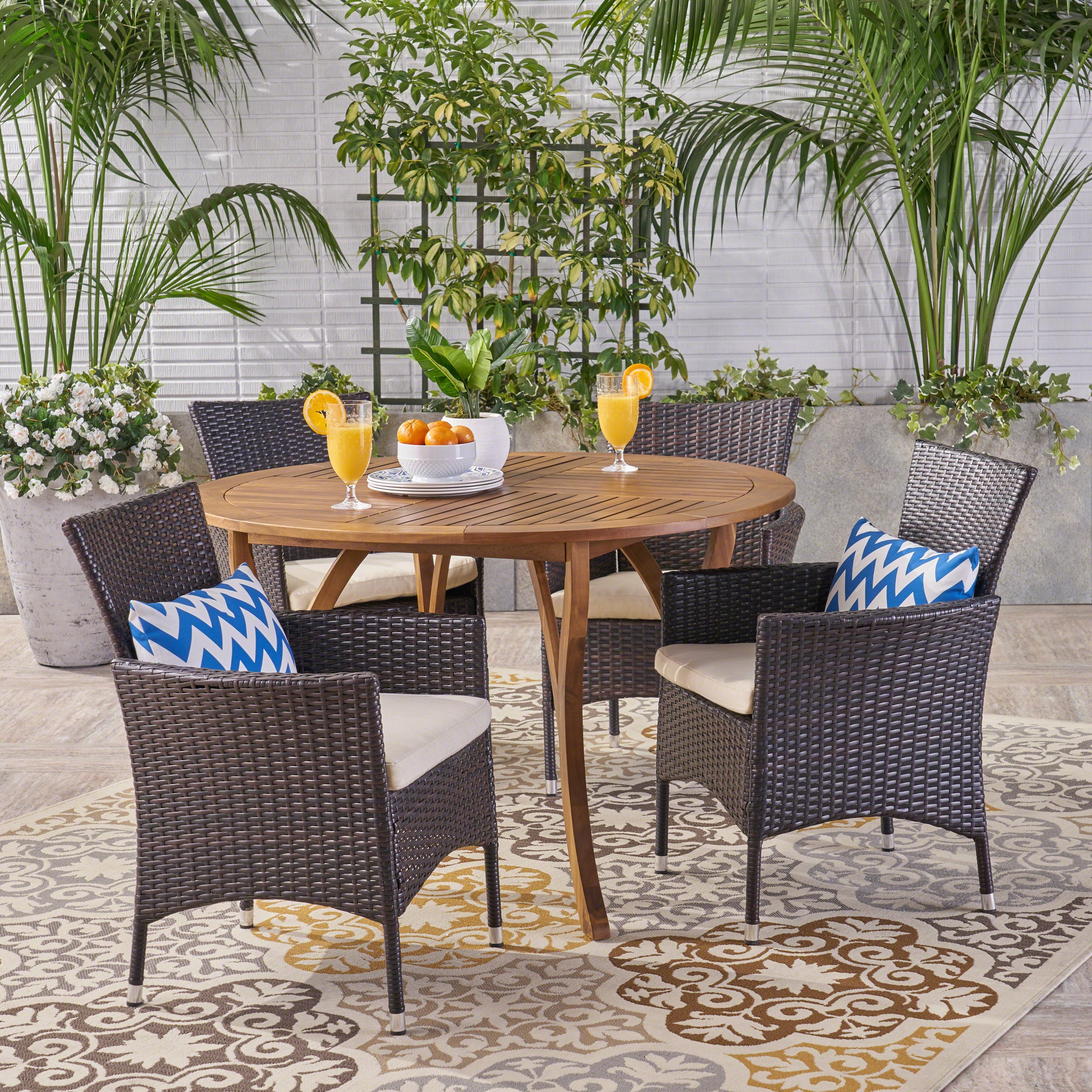 Valena Outdoor 5 Piece Acacia Wood and Wicker Dining Set