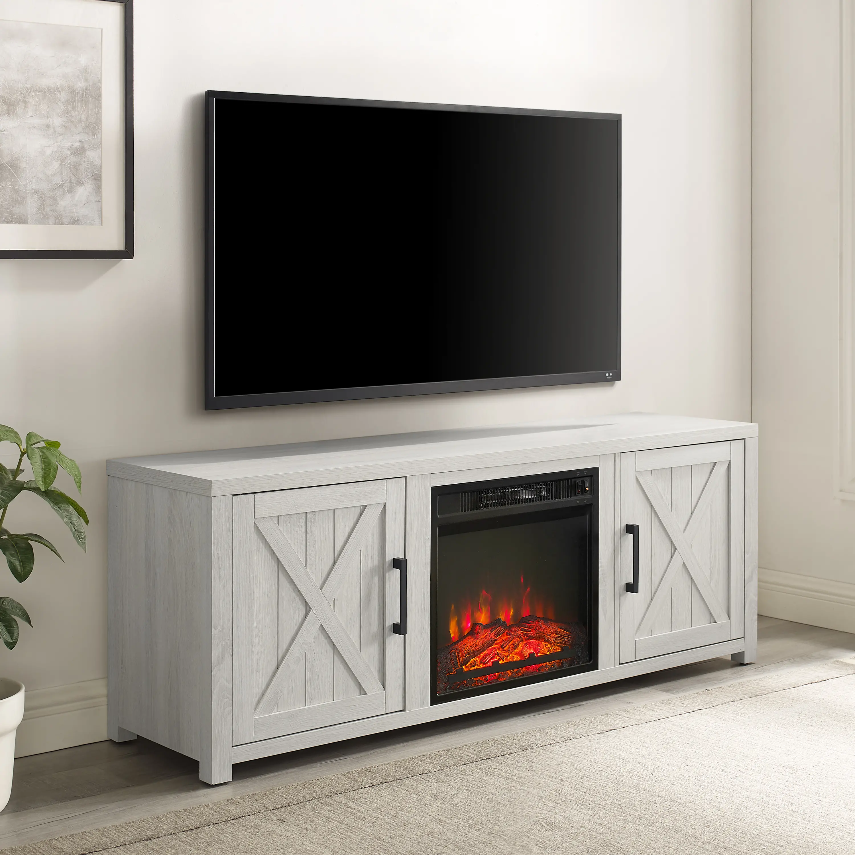 Gordon 58 Whitewash TV Stand with Fireplace