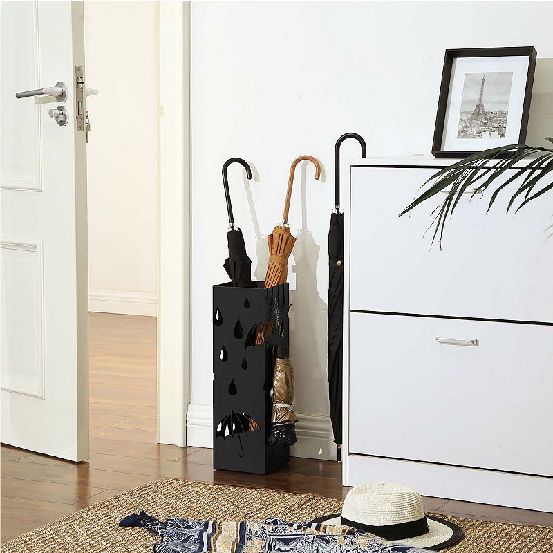 Metal Umbrella Stand， Square Umbrella Holder Rack with Water Tray and Hooks