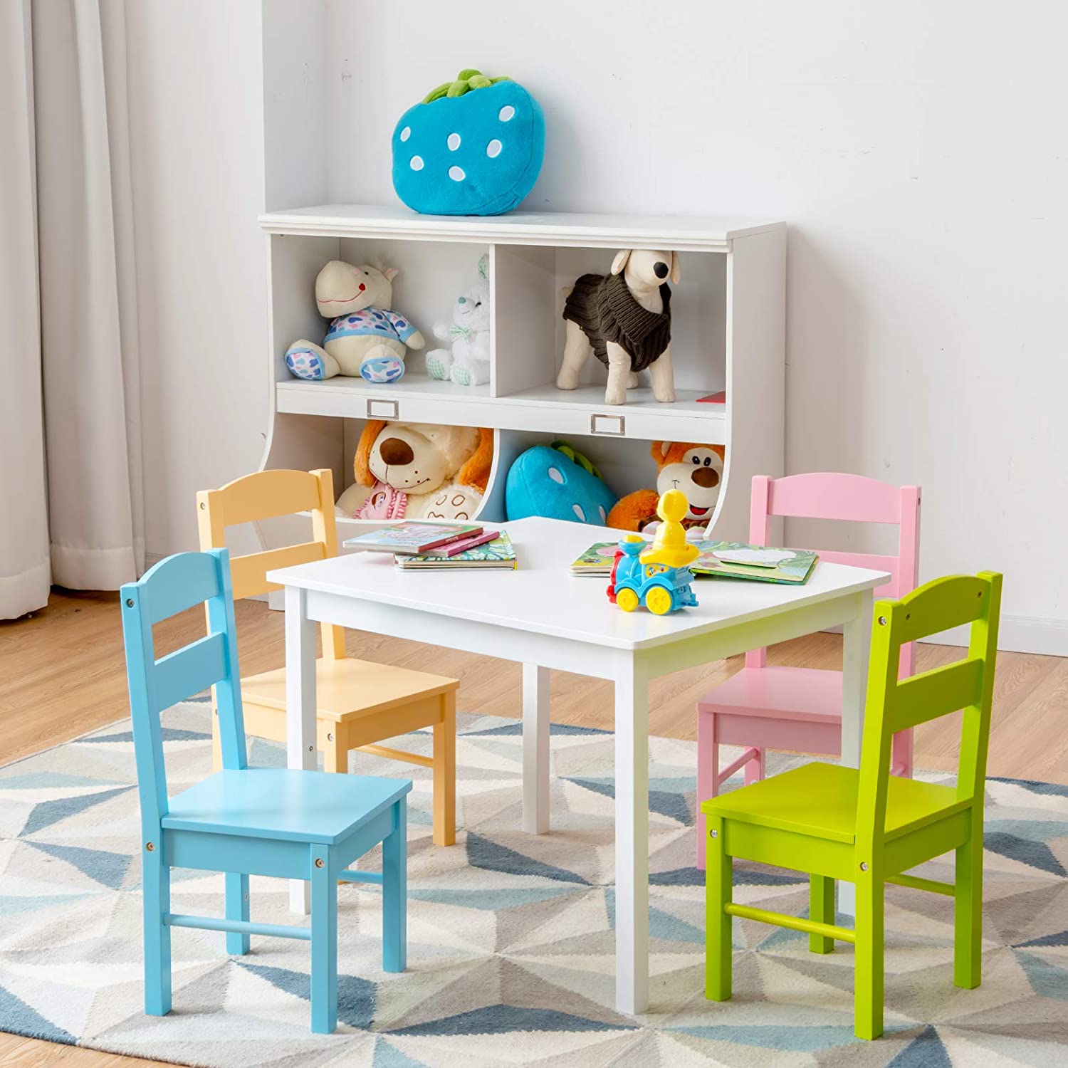 Kids Table and Chair Set, 5 Piece Wood Activity Table & Chairs for Children Arts