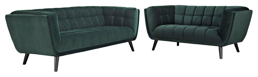 Bestow 2 Piece Velvet Sofa and Loveseat Set  Green   Midcentury   Living Room Furniture Sets   by Homesquare  Houzz