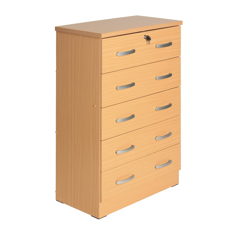 Pemberly Row Modern 5 Drawer Chest Wooden Dresser with Lock Beech (Maple)