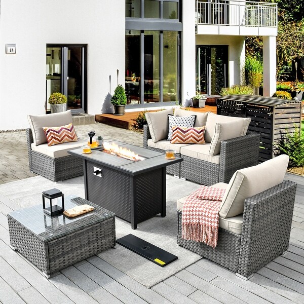 XIZZI Patio Furniture Set 6 Pieces Outdoor Sectional Rattan Sofa with Firepit