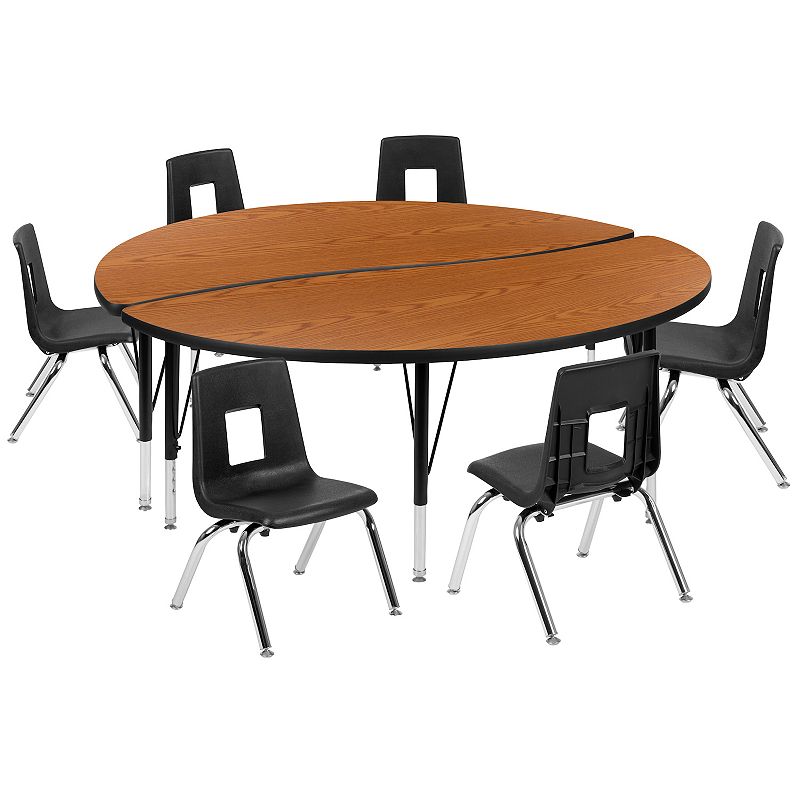 Emma and Oliver 60 Circle Wave Activity Table Set with 14 Student Stack Chairs， Oak/Black