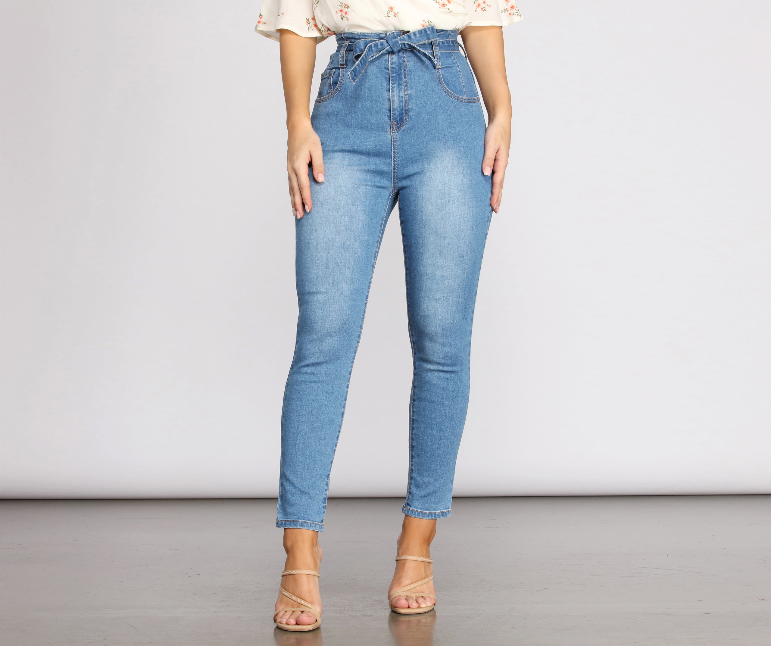 High Rise Tie Waist Skinny Crop Jeans