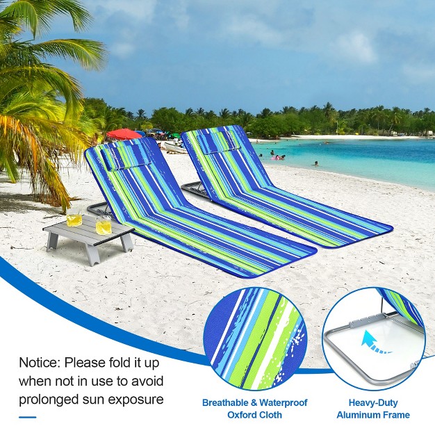 Costway 3 piece Beach Lounge Chair Mat Set 2 Adjustable Lounge Chairs With Table Blue stripe