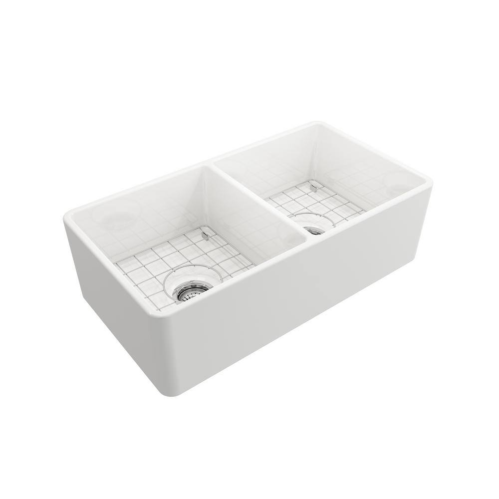 Glacier Bay Farmhouse Apron-Front Fireclay 33 in. Double Bowl Kitchen Sink in White with Bottom Grid 3ABRB-39-001