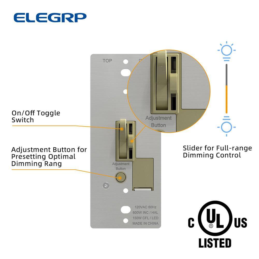 ELEGRP Toggle Dimmer Switch for Dimmable LED CFL and Incandescent Bulbs Single Pole3-Way with Wall Plate Ivory (2-Pack) DM101S-IV2