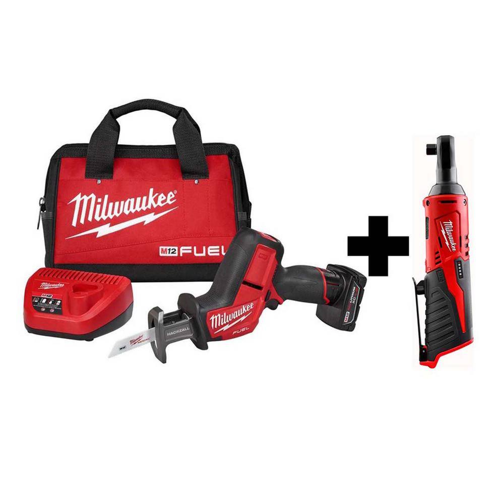 MW M12 FUEL 12V Lithium-Ion Brushless Cordless HACKZALL Reciprocating Saw Kit W M12 38 in. Ratchet 2520-21XC-2457-20