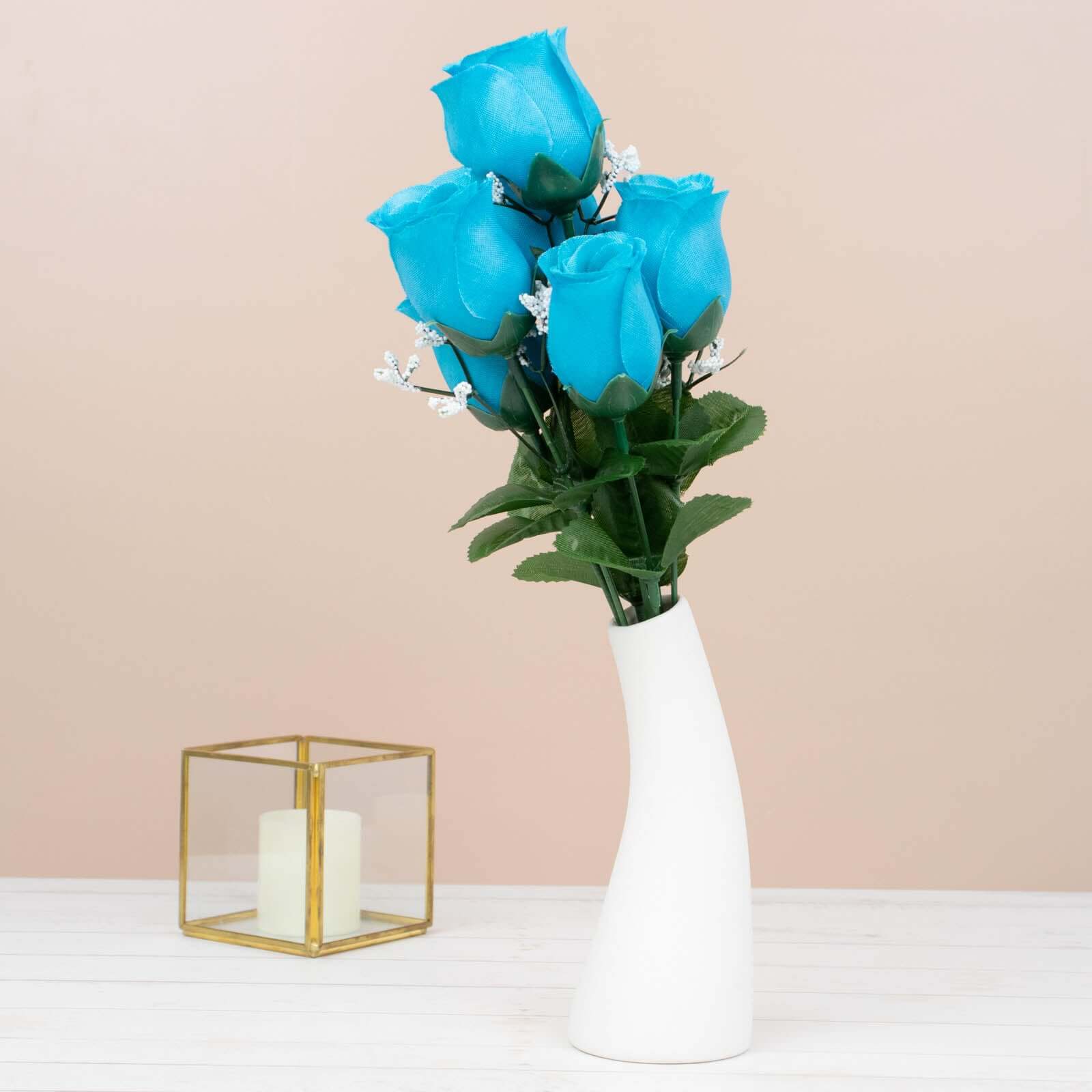 12 Bushes Turquoise Artificial Premium Silk Flower Rose Bud Bouquets