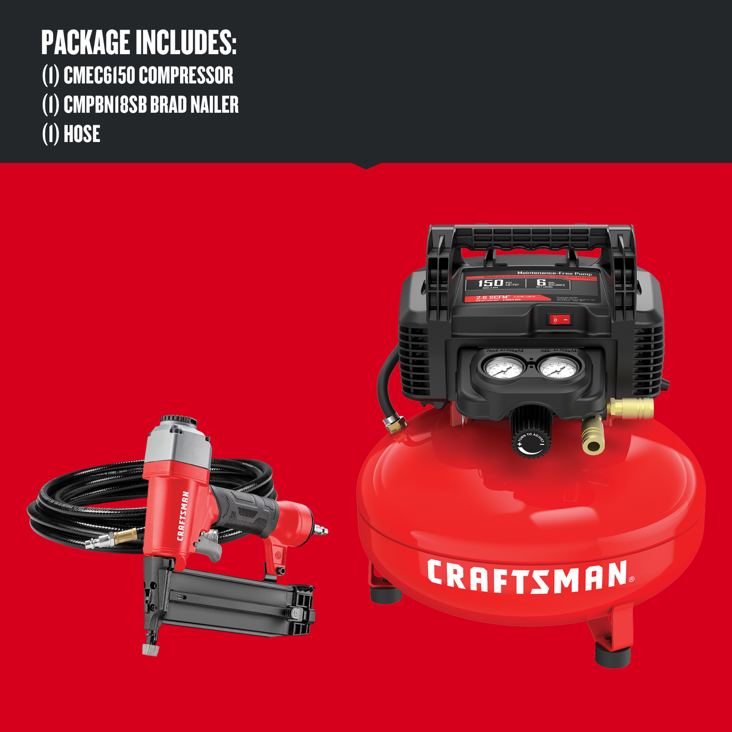 Craftsman 6 gal Pancake Portable Brad Nailer and Air Compressor Combo Kit 150 psi 0.8 HP