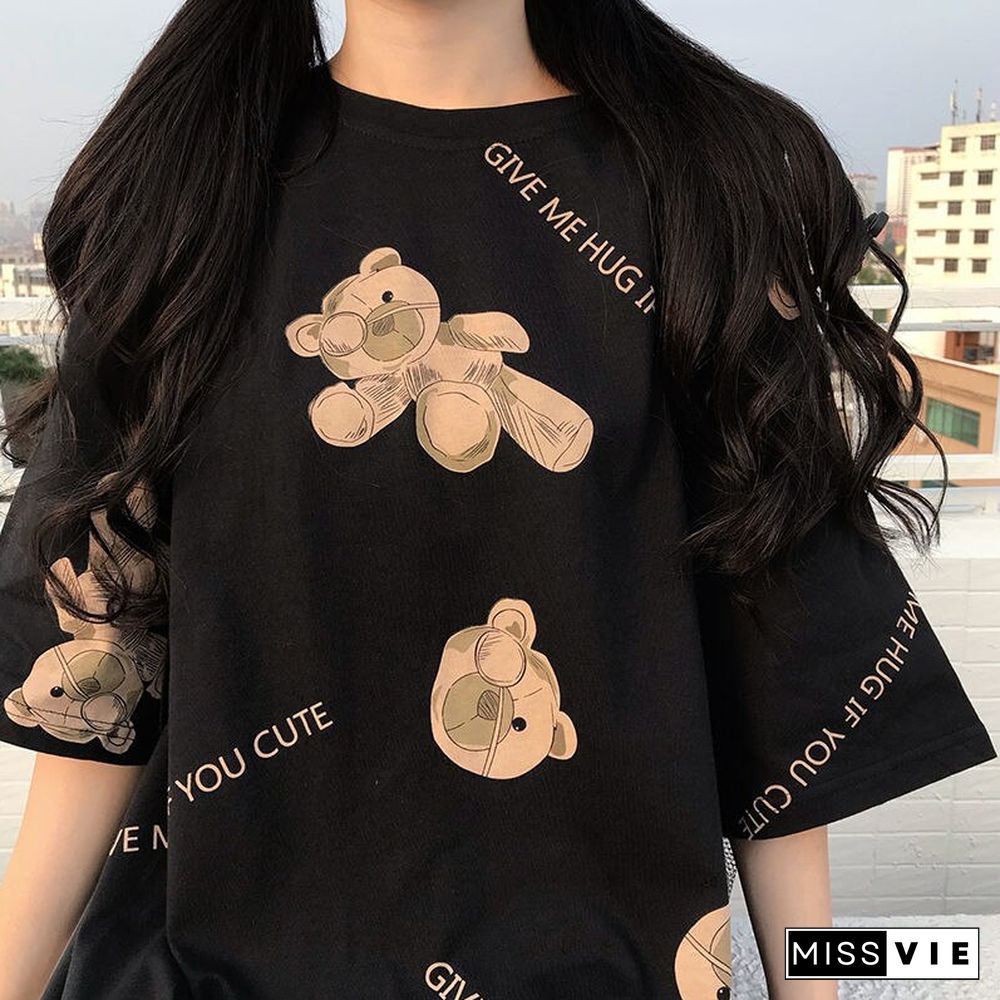 Women Tshirts Female Spring Summer Harajuku Tops L-4XL Plus Size Crew Collar Short Sleeve Tee Graphic T-shirt Cute Hug Bear