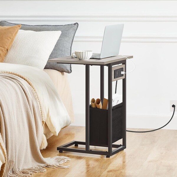 C Shaped Side Table with Charging Station，End Table，Greige and Black