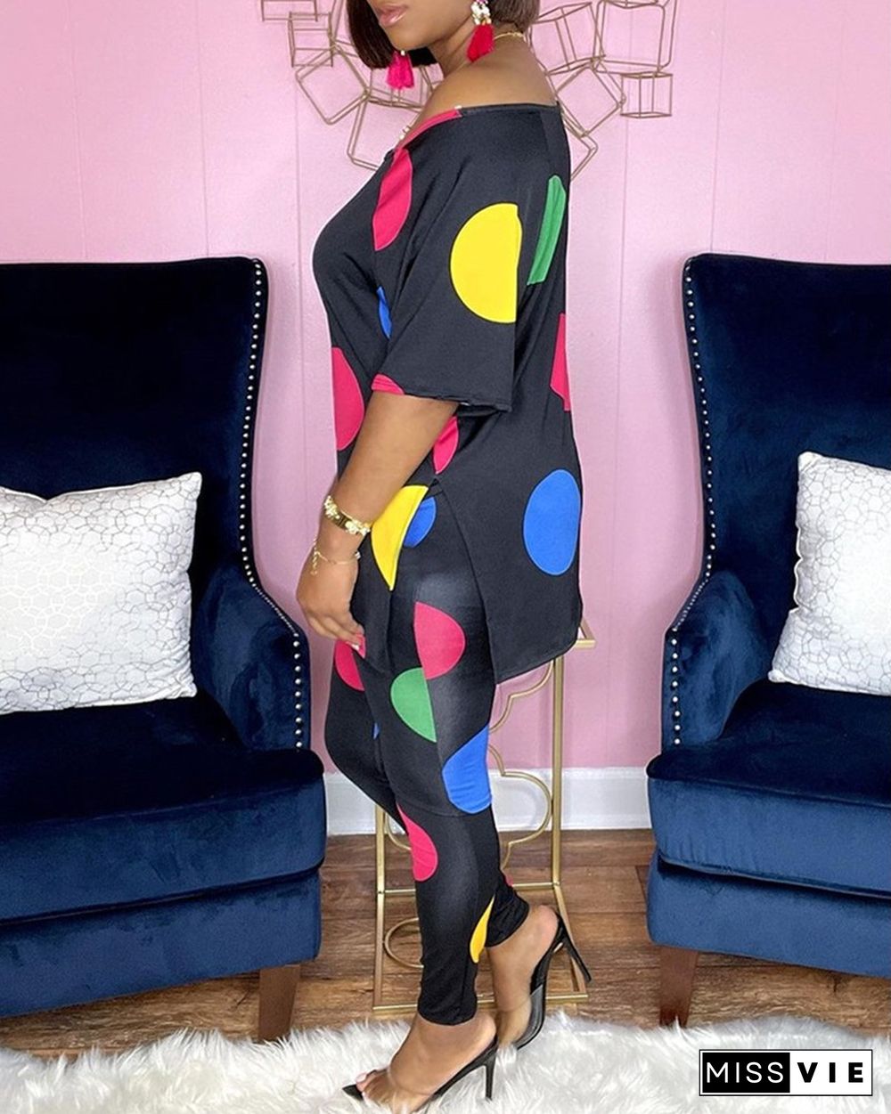 Polka Dot Print Colorblock Slit Top & Pants Set