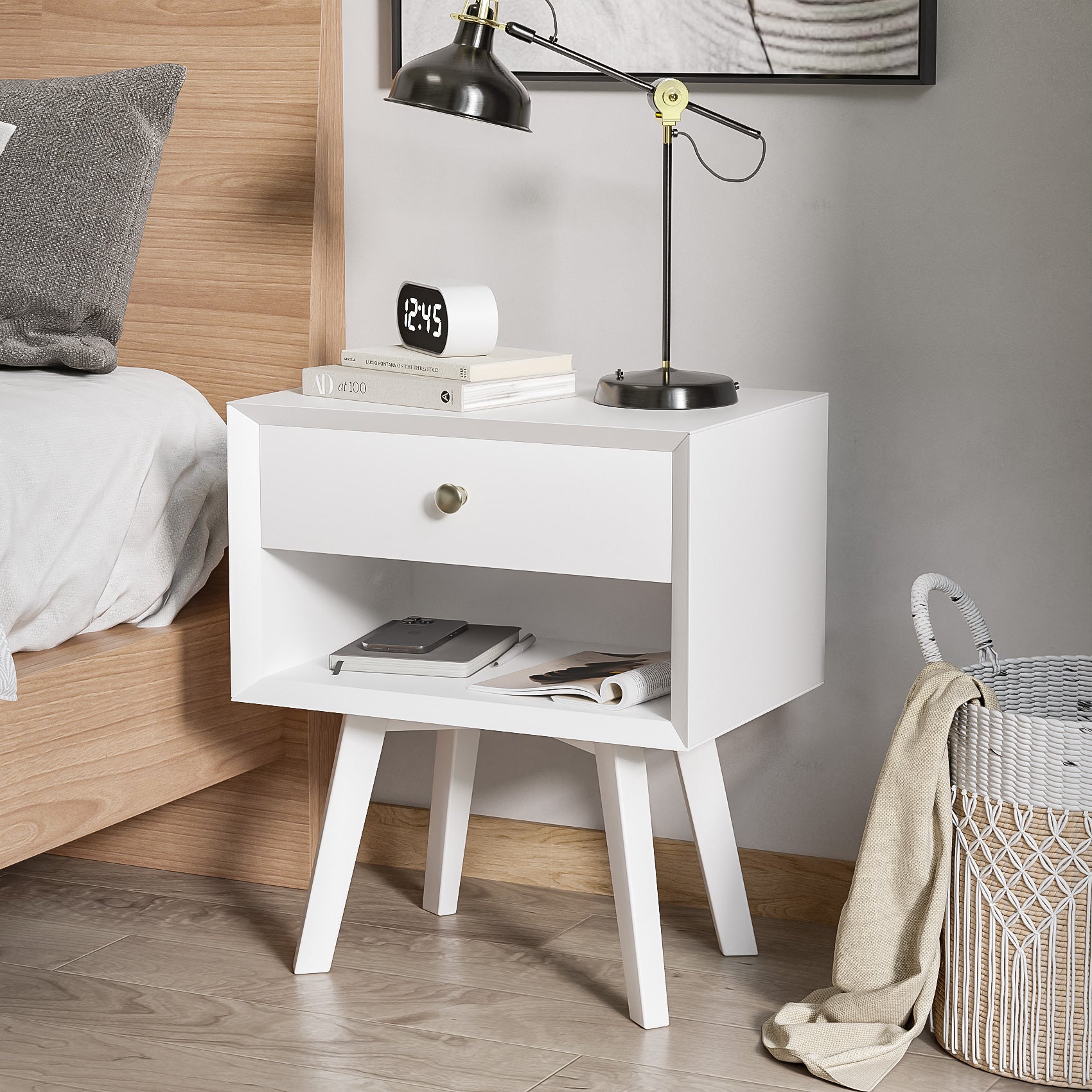 Algherohein Classic 1 Drawer White Finish Nightstands for Bedroom