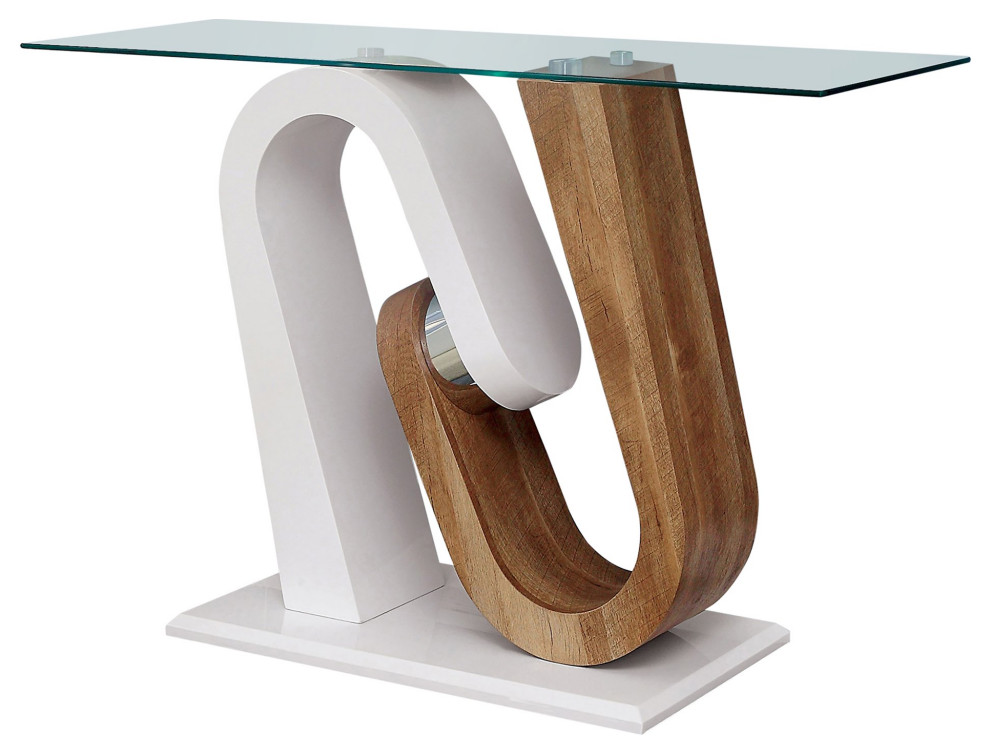 Contemporary Console Table  Open Geometric White  ampNatural Base With Glass Top   Contemporary   Console Tables   by Decor Love  Houzz