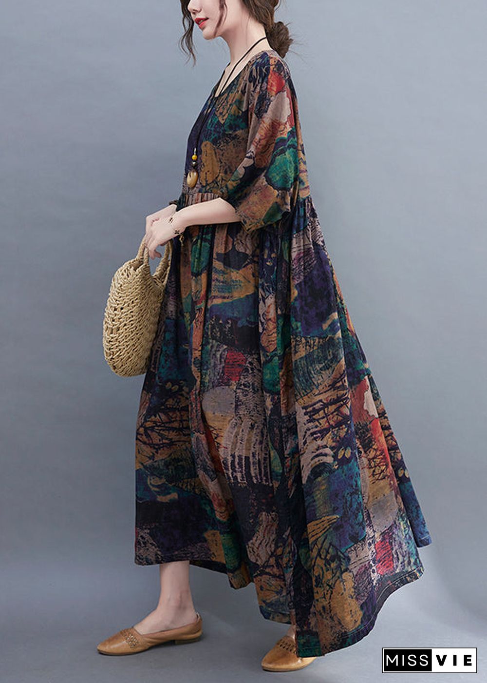 Original Design O-Neck wrinkled Print Loose Long Dress Short Sleeve