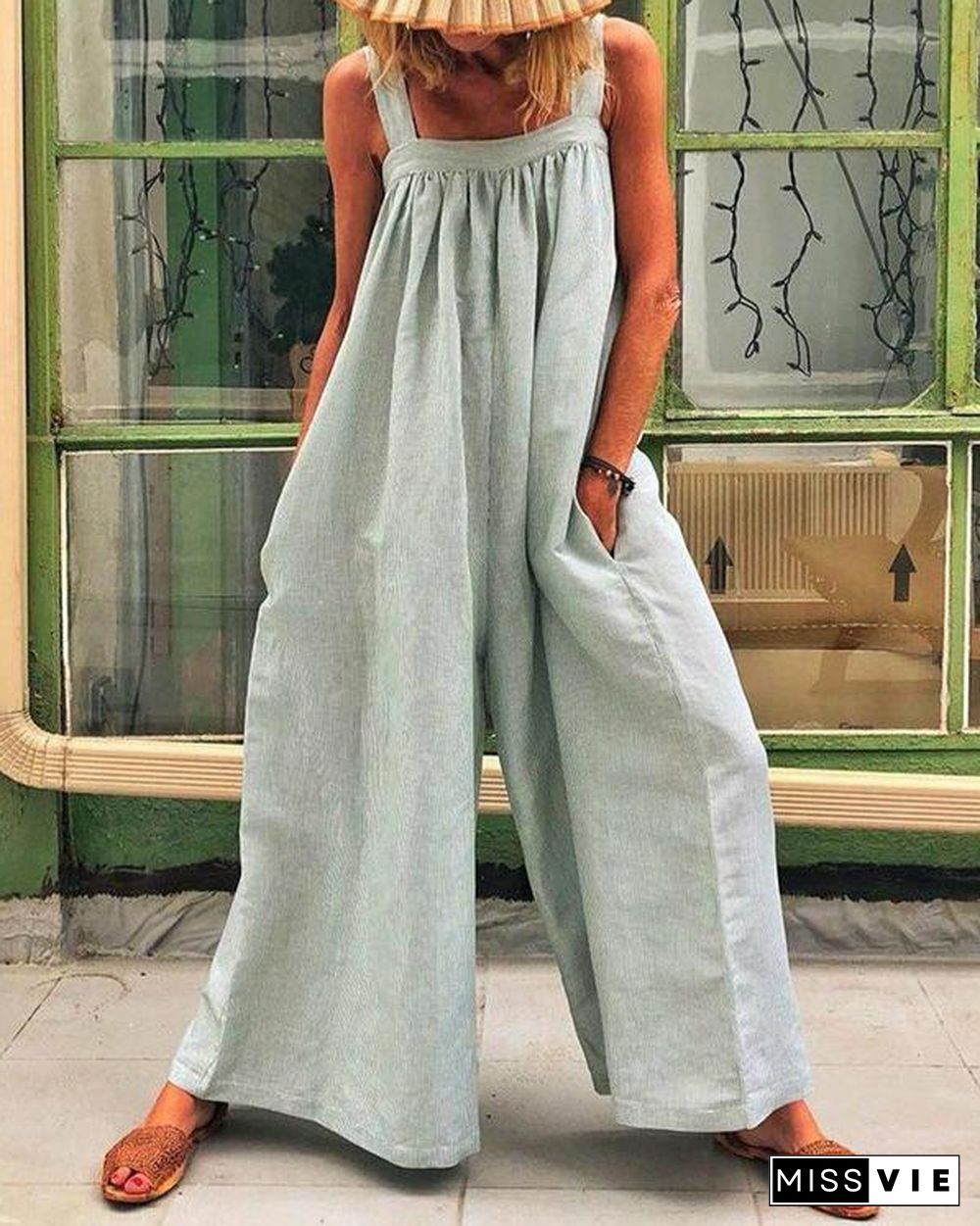 Solid Color Casual Sling Loose Jumpsuit