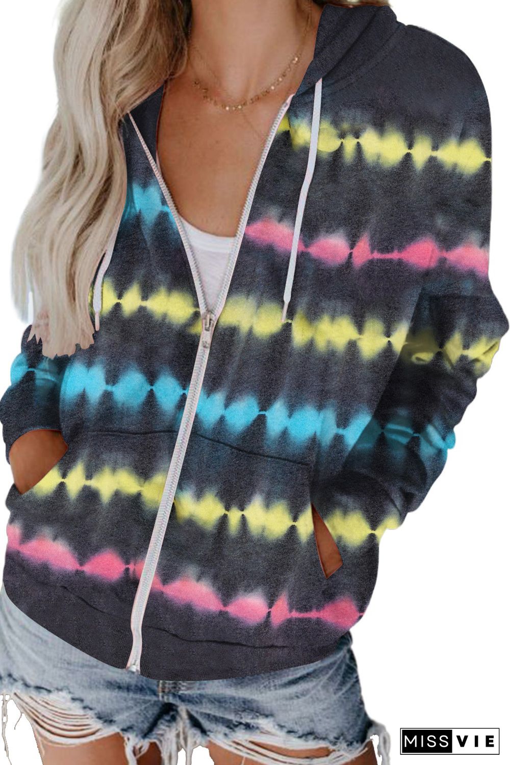 Black Tie-Dyed Zipper Pocket Drawstring Hooded Jacket