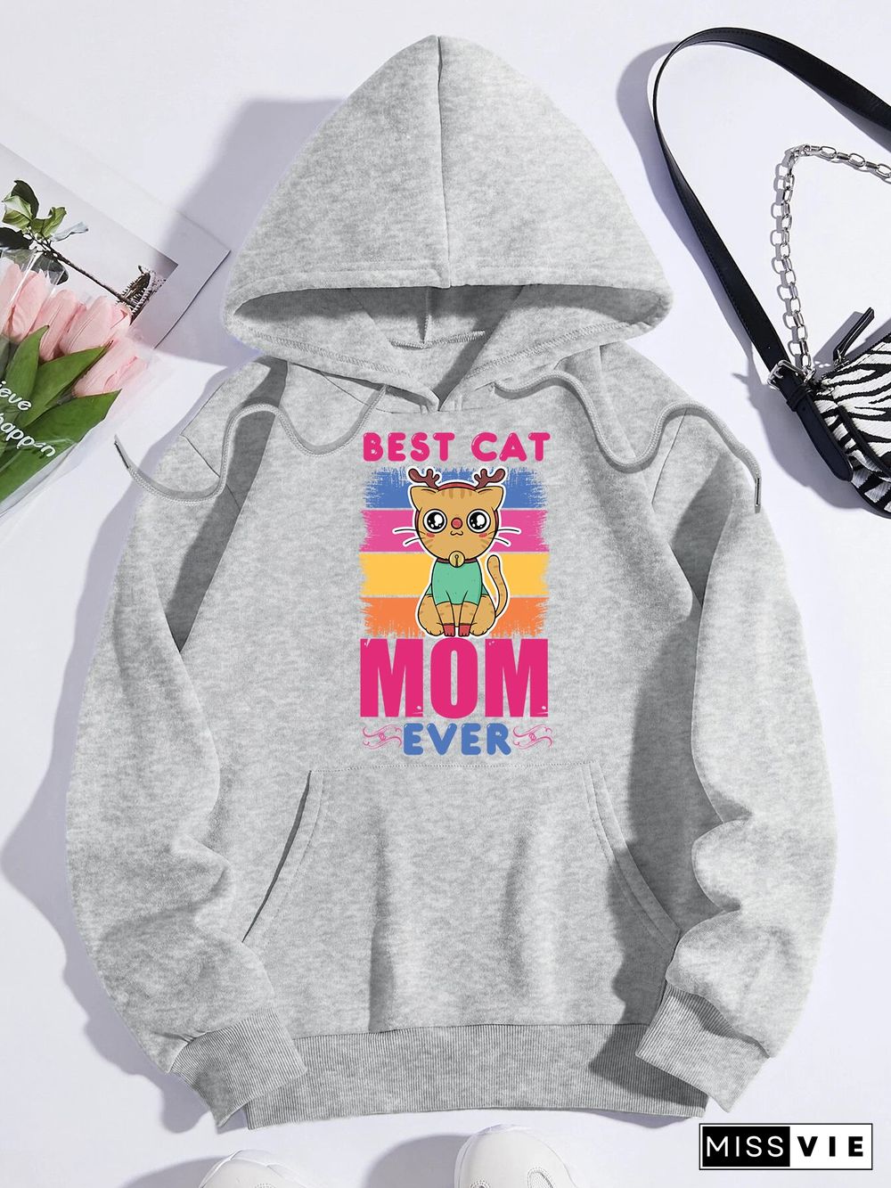 Printed on front Kangaroo Pocket Hoodie Long Sleeve for Women Pattern  Best Cat Mom Ever