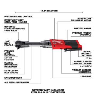 MW M12 FUEL 12V 38 in. Lithium-Ion Brushless Cordless Extended Reach Ratchet (Tool-Only) 2560-20