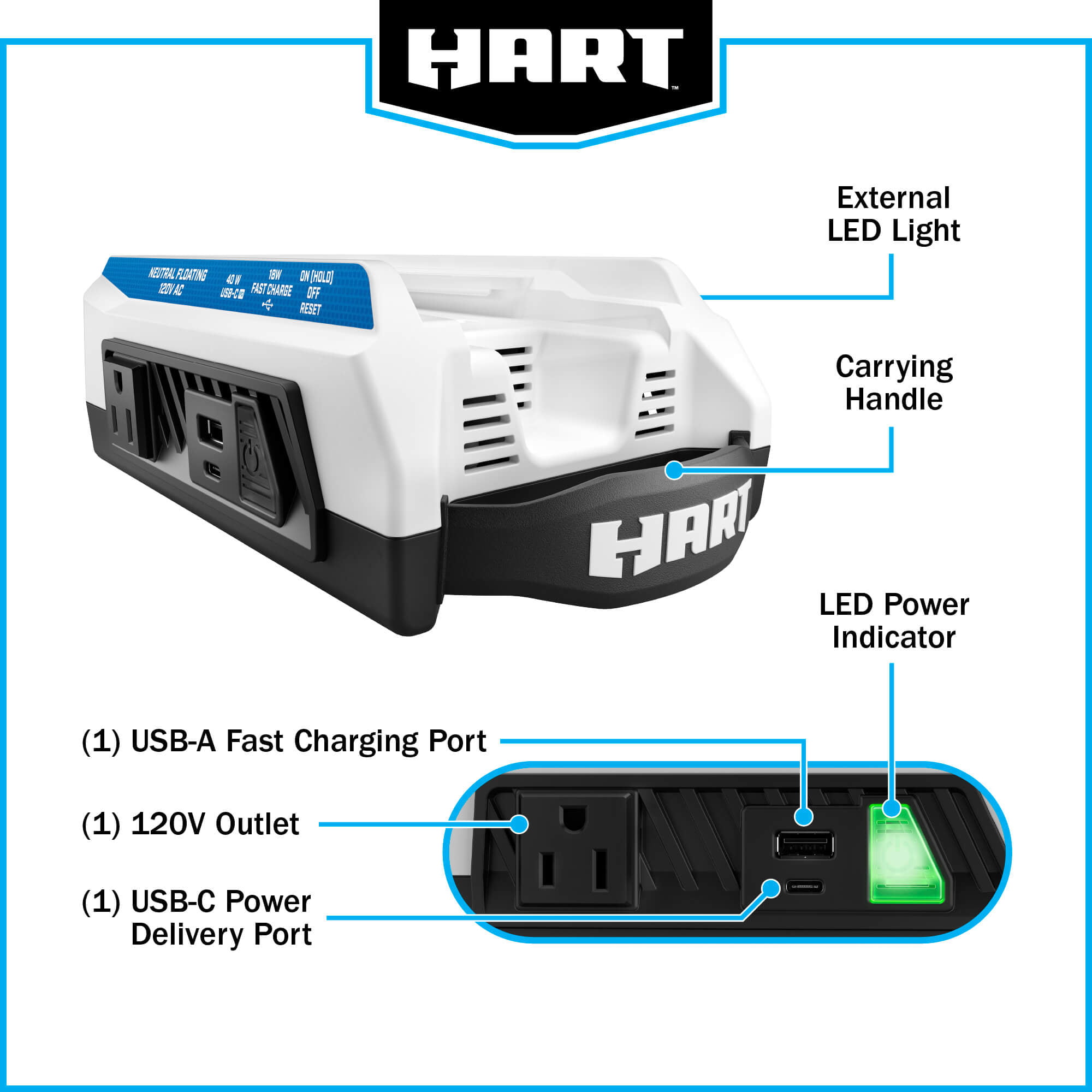 HART 40-Volt Cordless 300 Watt Battery Powered Power Source with LED Light and Easy Carry Handle (Tool Only)