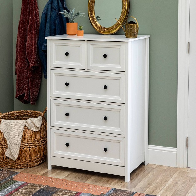 Farmhouse 5 Drawer Grooved Tall Storage Dresser White Saracina Home