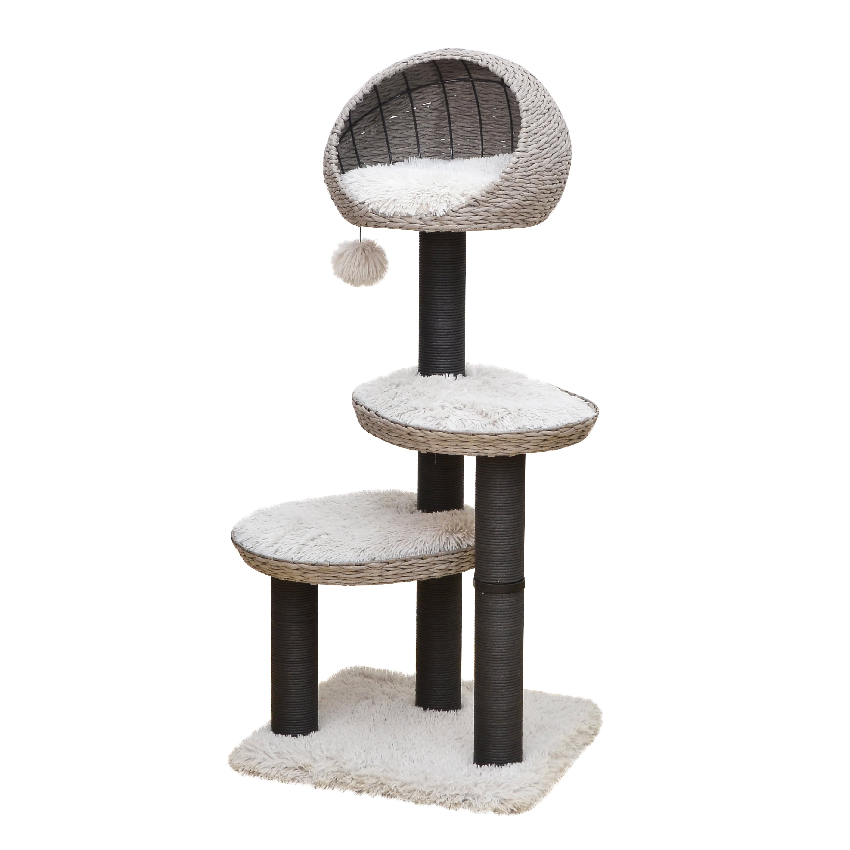 PetPals 50" Gray 4-Level Cat Tree Scratching Post Plush Perch and Basket with Shag Fur for Large Cat Climbing Cat Furniture Modern Play House Big Adult Cats w/ FREE cat teaser for Easter