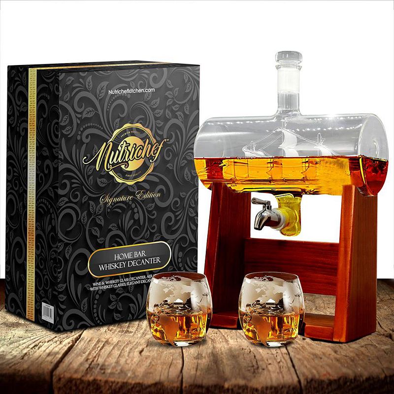 NutriChef Home Bar Glass Barrel Whiskey Carafe Alcohol Decanter Set w/ Glasses