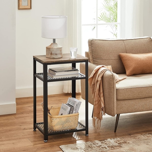 Side Table， End Telephone Table with 2 Mesh Shelves， for Office Hallway or Living Room， Accent Furniture， Greige and Black