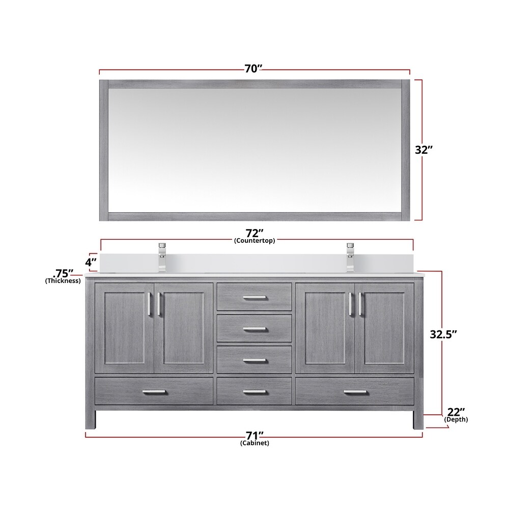 Jacques 72 in. W x 22 in. D Distressed Grey Double Bath Vanity  White Quartz Top  Faucet Set  and 70 in. Mirror