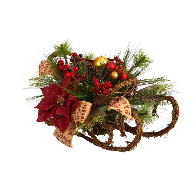 Nearly Natural 18-in Christmas Sleigh With Poinsettia， Berries And Pinecone Artificial Arrangement With Ornaments