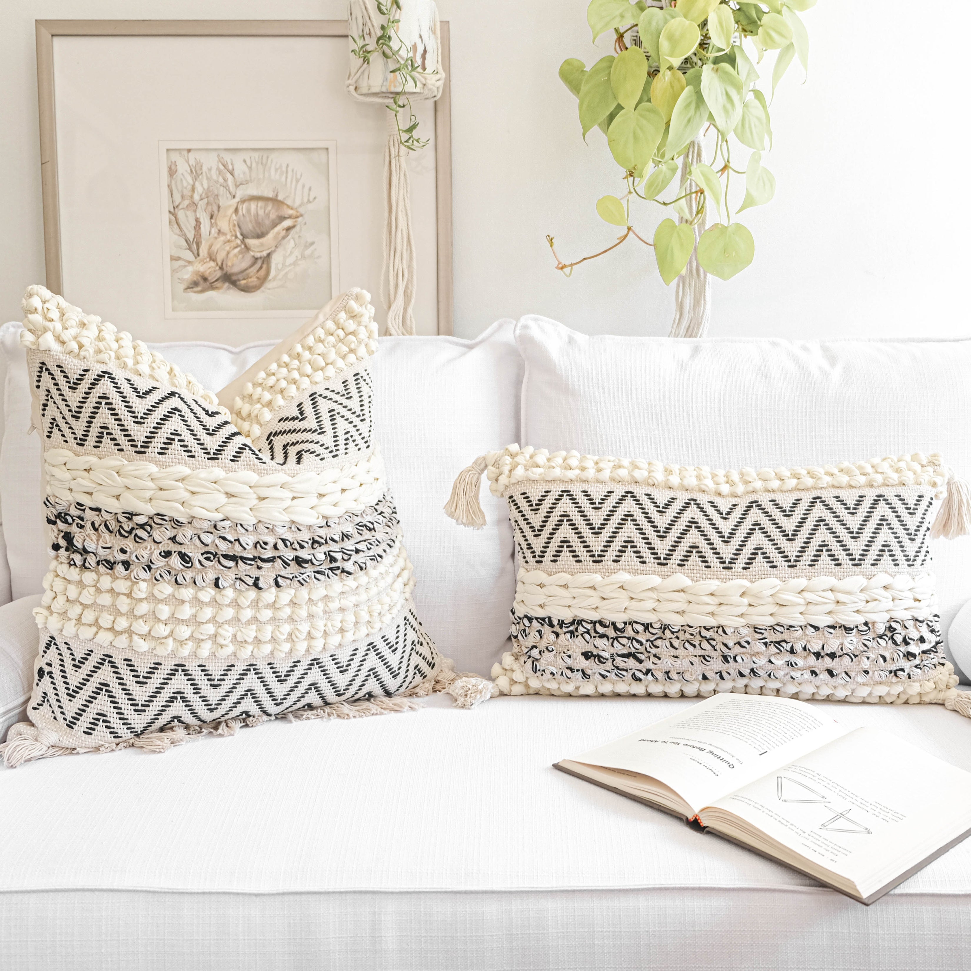 a boho textured lumbar throw pillow 12x20, cream and black color pillow cover (1 piece, cover only)