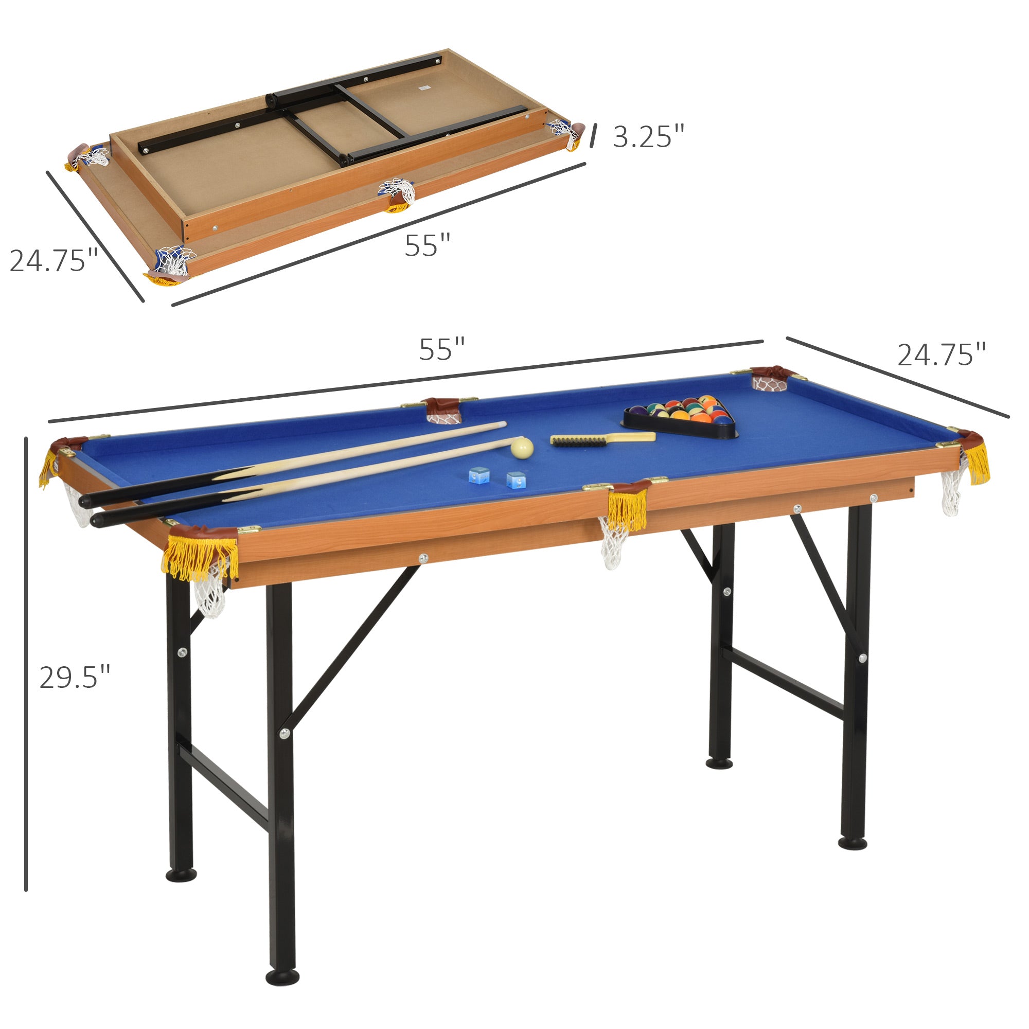 Soozier 55 In. Portable Folding Billiards Table Game Pool Table for Kids Adults with Cues, Ball, Rack, Brush, Chalk