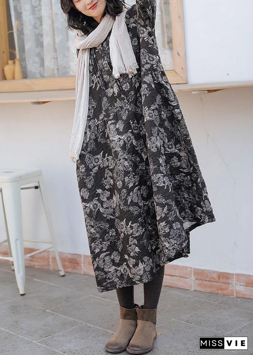 DIY print linen cotton outfit stand collar Cinched cotton fall Dress