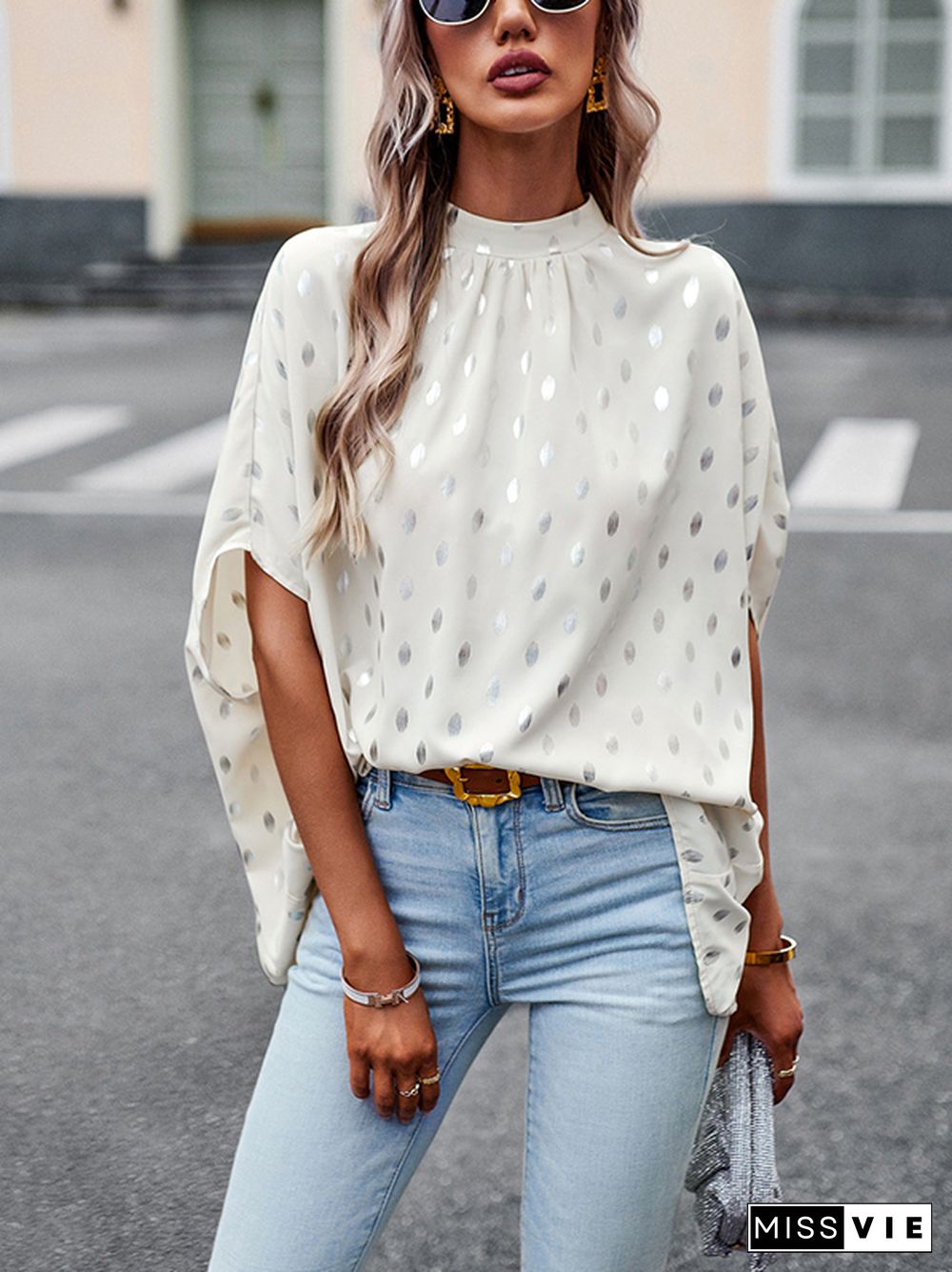 Loose Bandage Polka Dot Round-Neck Blouses&Shirts Tops