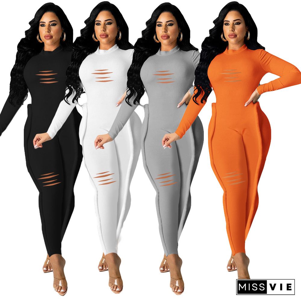 New Style Ripped Slim-fit Pit Striped Hemming Jumpsuit