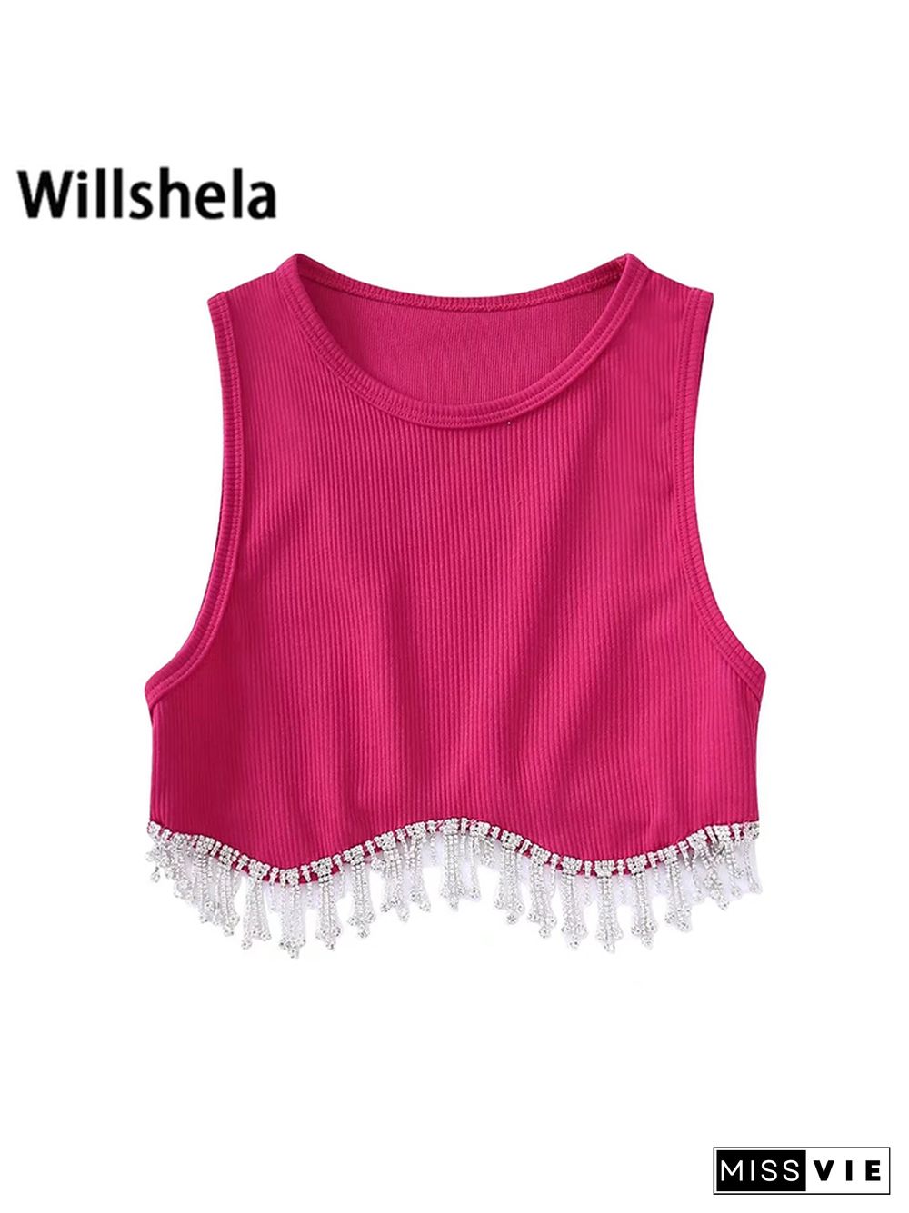 Women Fashion Camis With Beading Hem Cropped Sleeveless Vest Vintage O Neck Female Chic Lady Crop Tank Tops