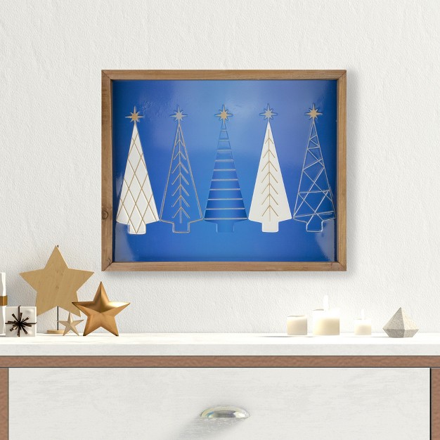 Blue And White Christmas Trees Wooden Framed Wall Art