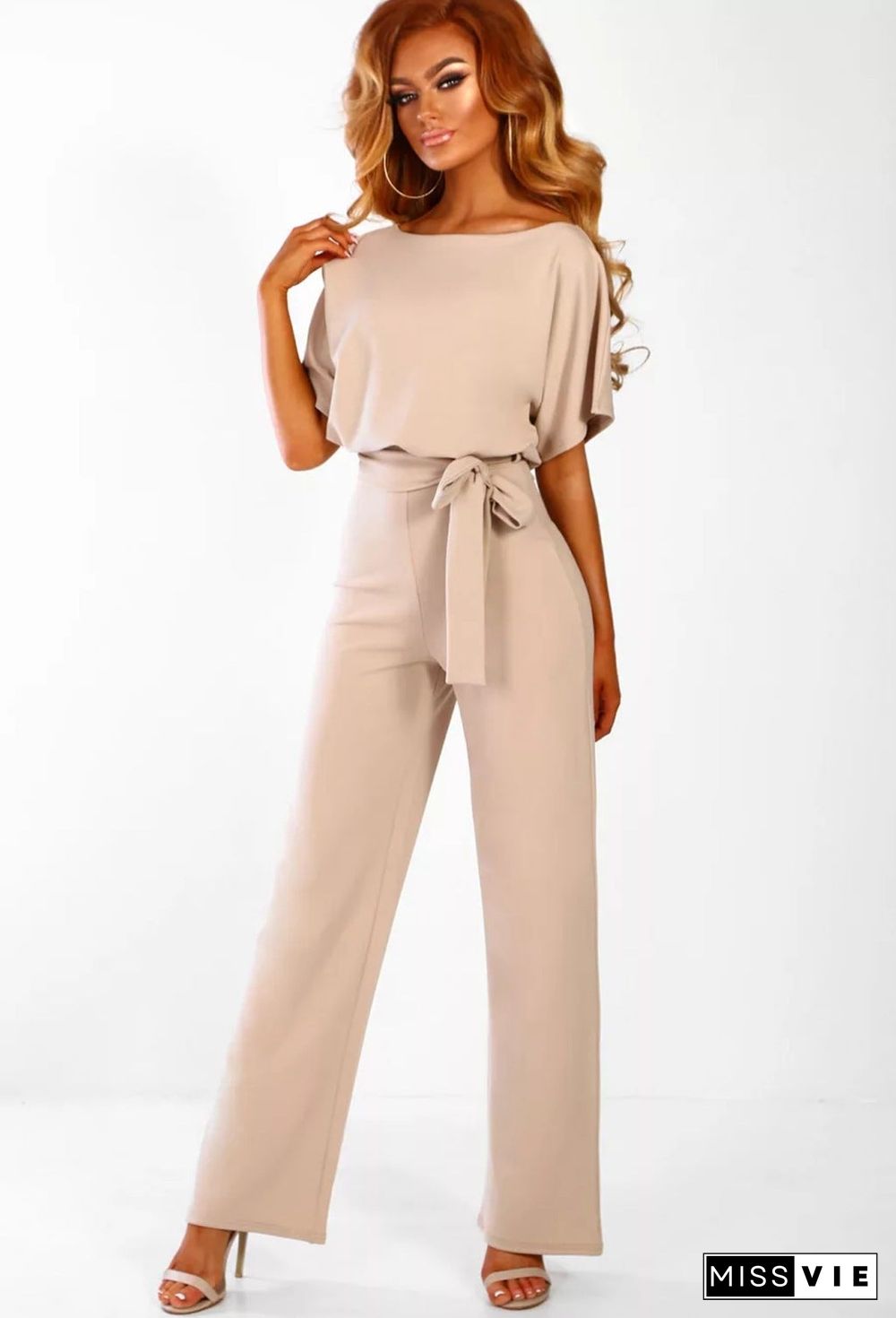 Button Lace-up Short-sleeved Jumpsuit